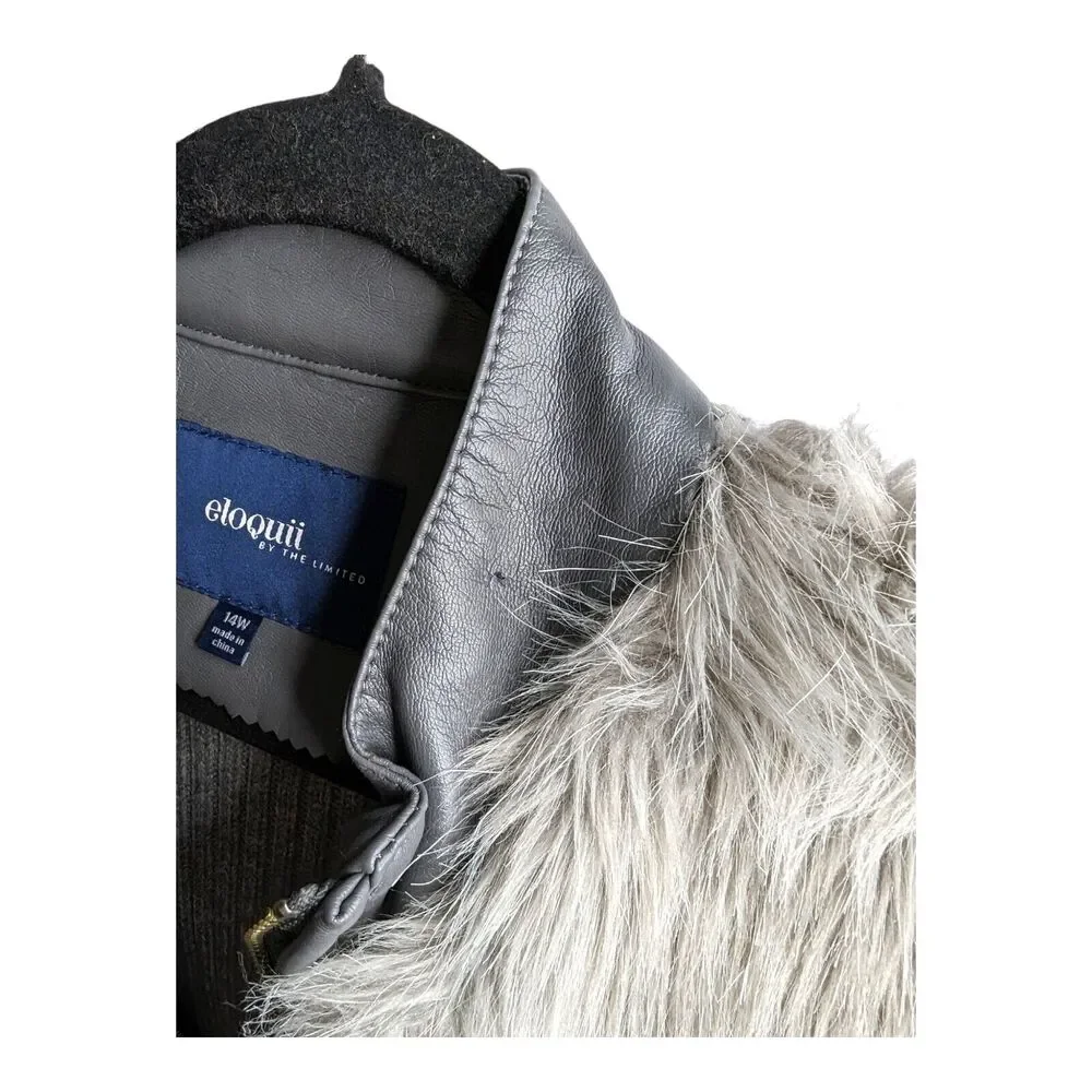 Eloquii Limited Womens Plus Size 14W Gray Faux Fur Leather Sweater Vest Full Zip